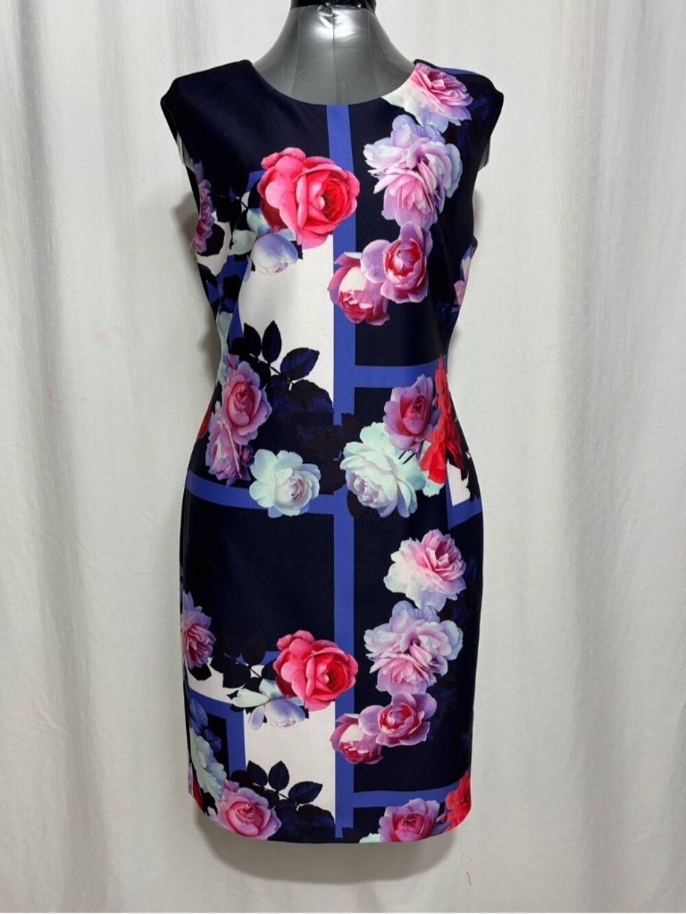 Vince Camuto Navy Floral Midi Sheath Dress with Pink Roses - wedding party chic